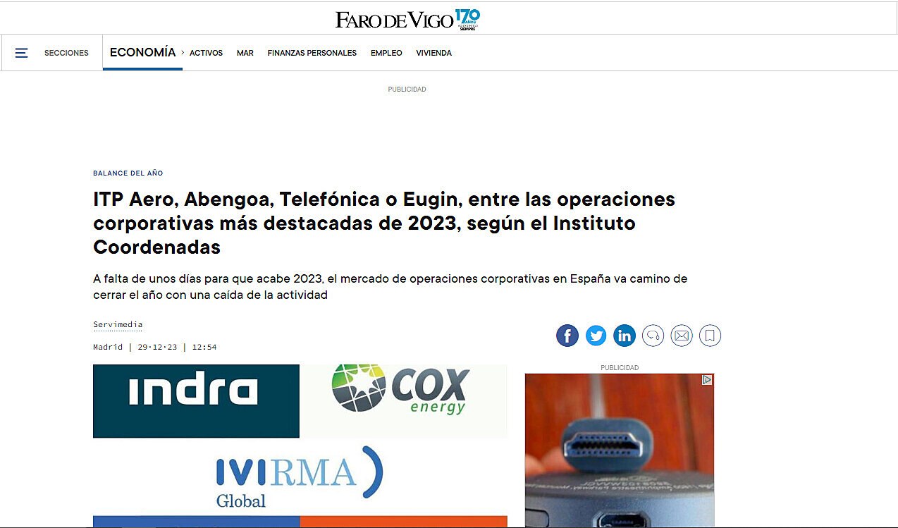 ITP Aero, Abengoa, Telefnica o Eugin, entre las operaciones corporativas ms destacadas de 2023, segn el Instituto Coordenadas